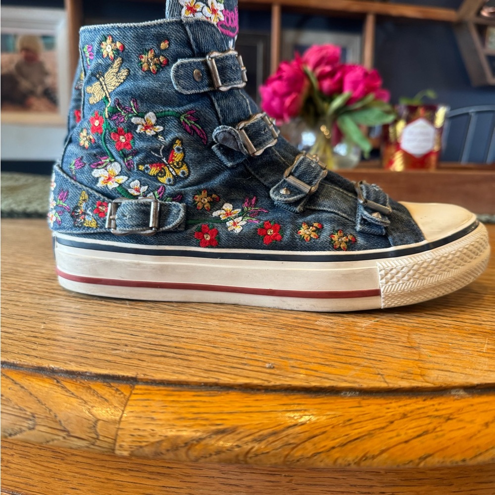Embroidered Denim High-Top Sneakers